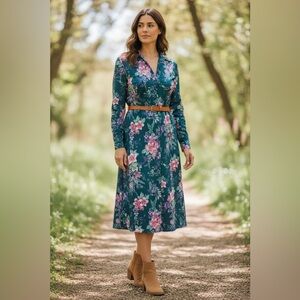 Vintage 70’s Floral Dress Long Sleeve V-Neck Collar